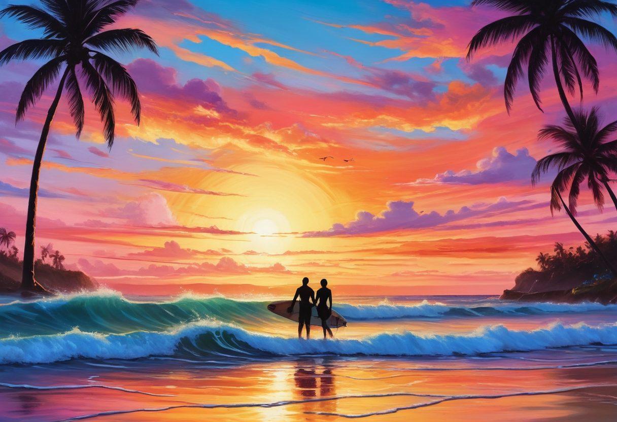 A romantic scene depicting a couple surfing together at sunset, waves crashing around them, their silhouettes highlighted against a colorful sky. In the foreground, a surfboard with hearts painted on it and tropical palm trees swaying gently in the breeze. Capture the thrill and connection of love in the ocean atmosphere. vibrant colors. painting. warm tones.