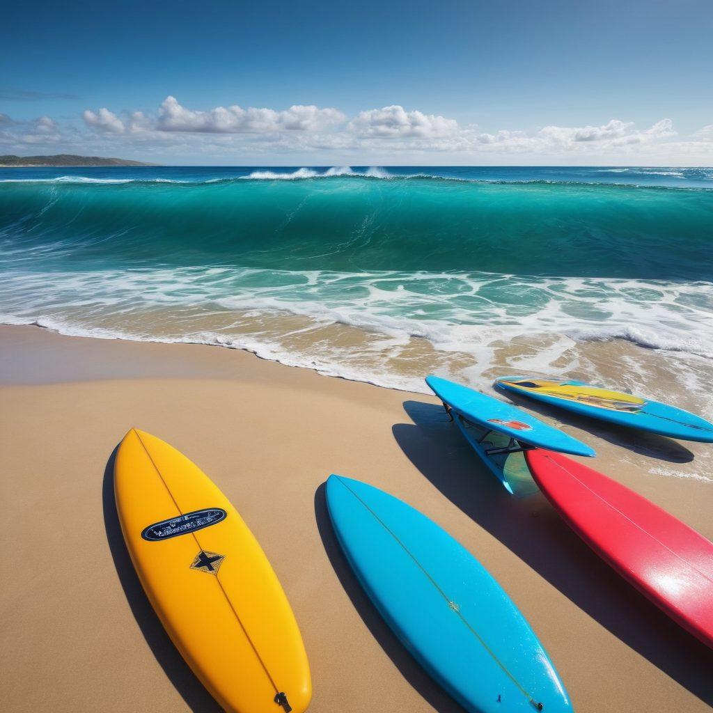 A vibrant beach scene featuring a diverse group of surfers enjoying the waves, with sandy shores in the background and colorful surfboards scattered around. Below the surface, depict an enchanting underwater world filled with marine life, showing connections between surfers and sea creatures, creating a sense of harmony and love for the ocean. Include bright blues, warm sandy tones, and elements of joy and bonding within the surf community. surrealistic. vibrant colors. 3D.