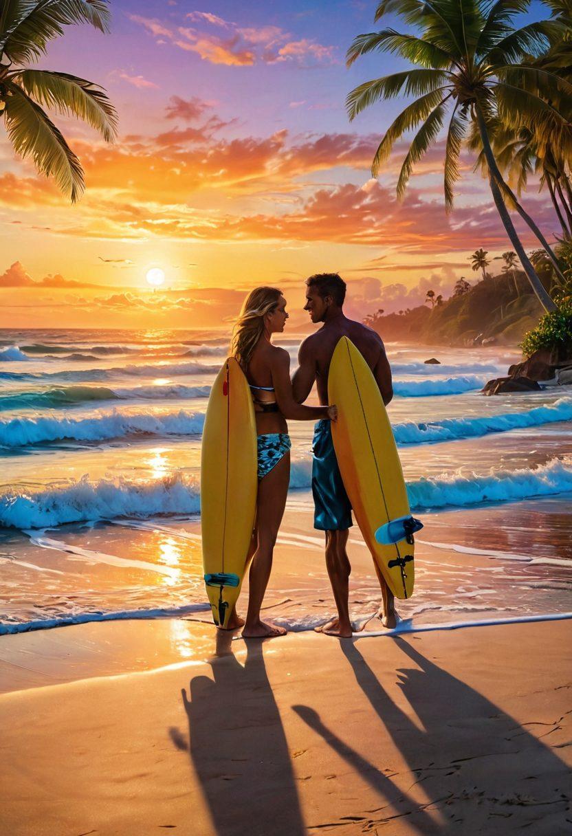 A romantic scene of a surfing couple sharing a joyful moment on a sunlit beach, with colorful surfboards standing upright beside them. Capture the essence of adventure and love as they embrace, with ocean waves crashing in the background. Include palm trees swaying gently in the breeze and a vivid sunset casting warm colors over the sky. super-realistic. vibrant colors. tropical vibe.